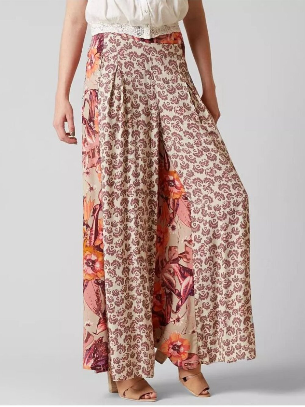 Free People Neutral Floral Wide Leg Pants